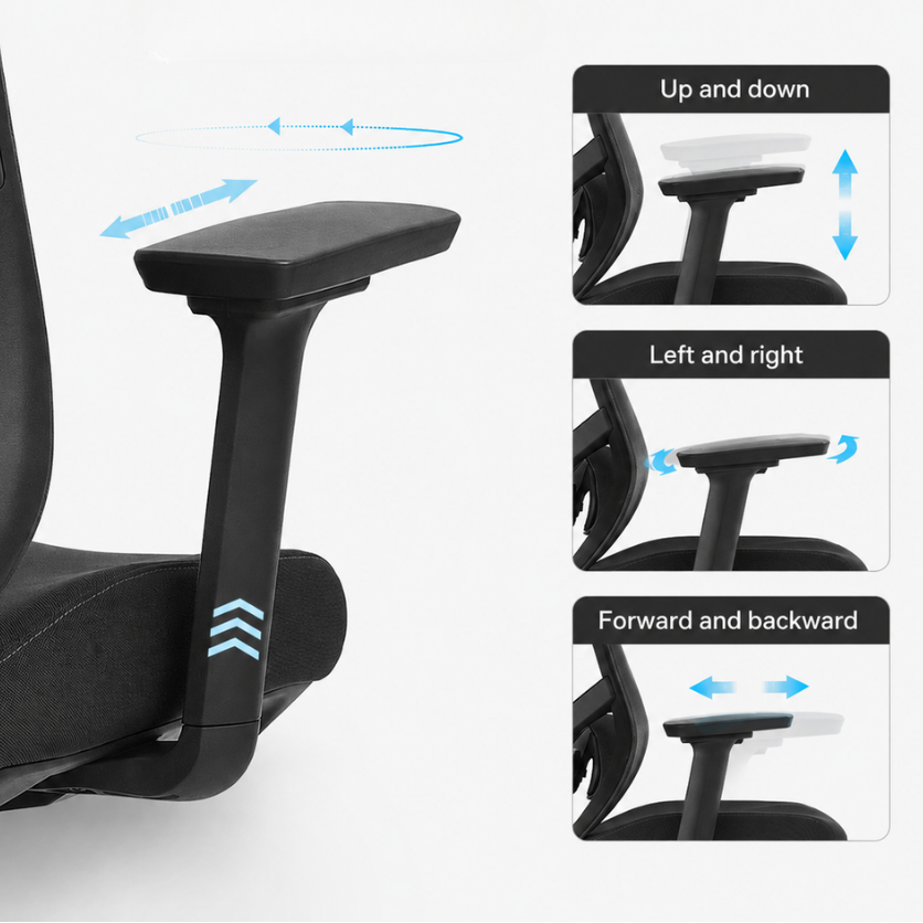 Black mesh office chair armrest with text reading '3D Adjustable Armrest' and inset diagrams showing adjustment directions: up and down, left and right, and forward and backward.